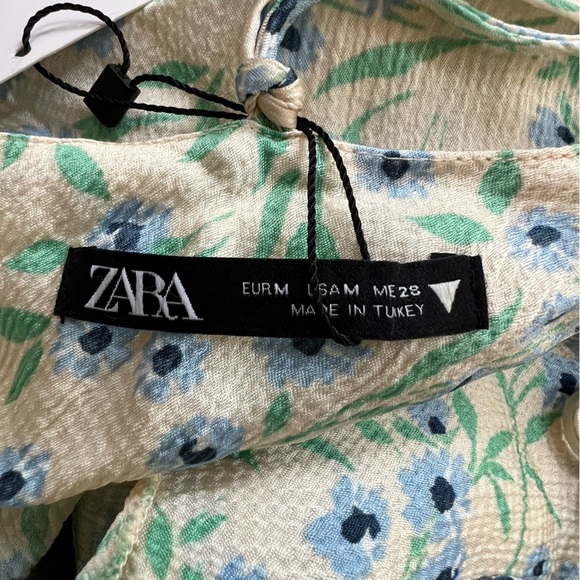 ZARA NWT Women's Cream w Blue Green Floral Slip Dress Straps Cut Out Back Size M - Picture 6 of 6